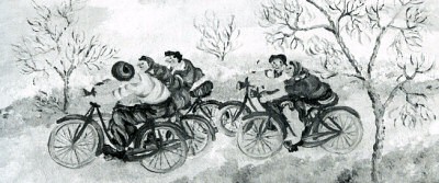 Biciclettata - Olio su masonite, 1989, 10x15