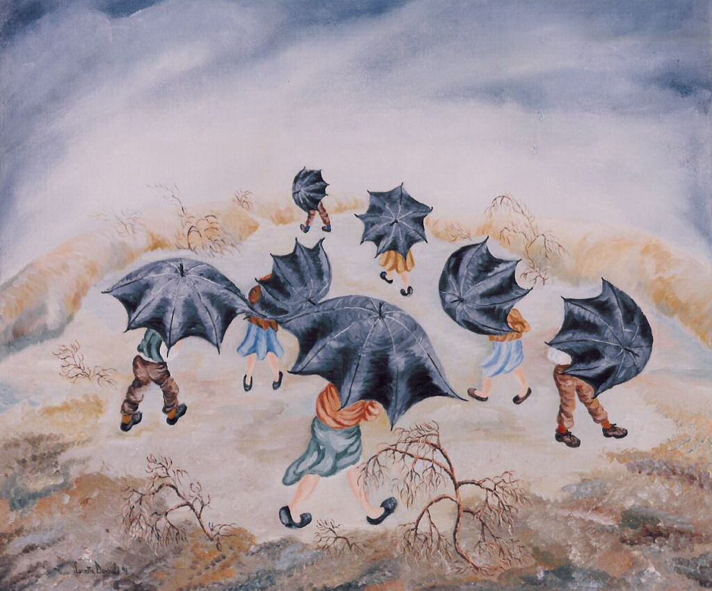 Ombrelli e piedi incerti - Olio su tela, 1991, 50x60