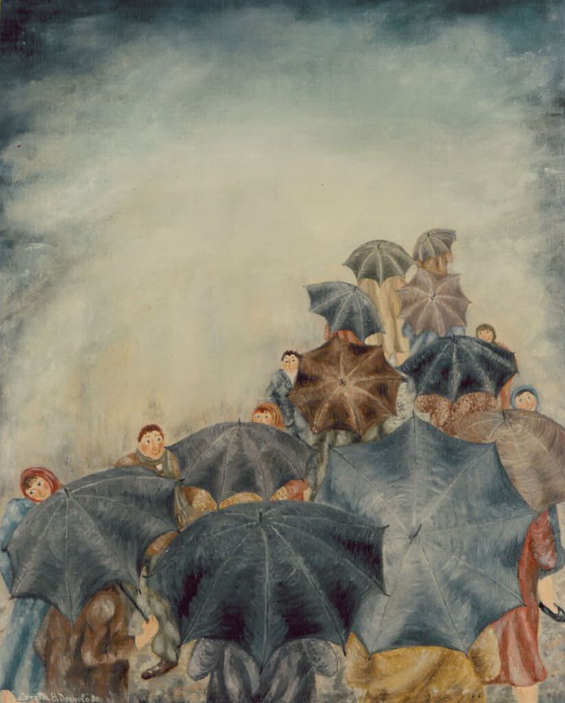 Ombrelli senza pioggia - Olio su tela, 1980, cm 40 x 50