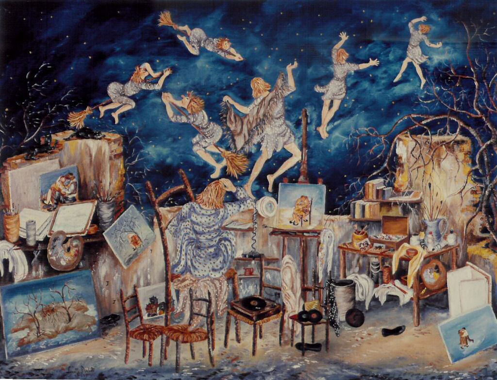 La voglia di volare e la strega che taglia le ali - Olio su tela, 1985, cm 60 x 80
