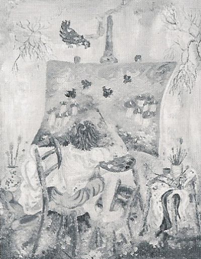 Gallina perplessa - Olio su masonite, 1989, 18x24