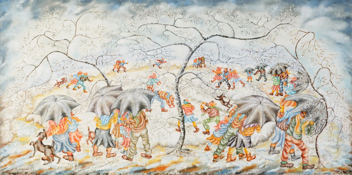 Natale di neve negli anni 50 - Olio su tela, 2018, 40x80
